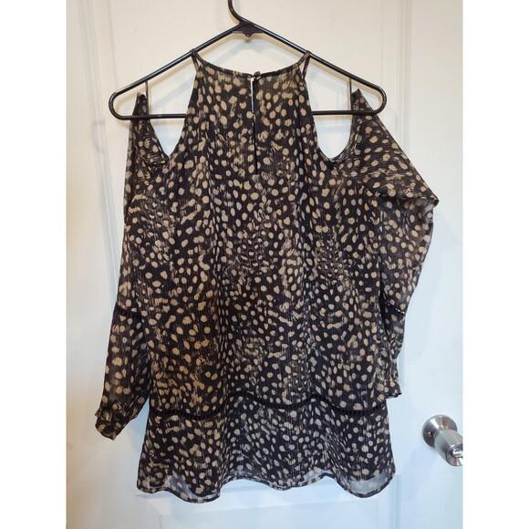 Women's Michael Kors Open Shoulder Long Sleeve Blouse Linen Black Gold Medium - Picture 2 of 5